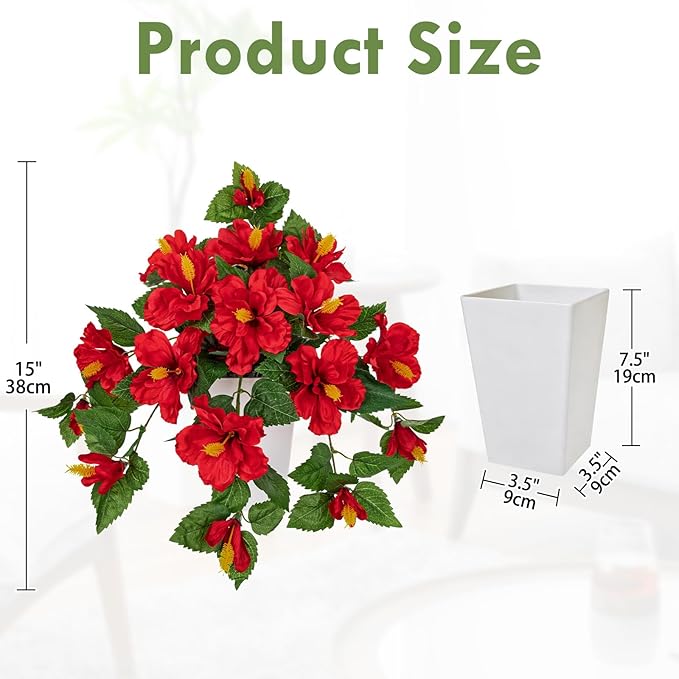 Briful Artificial Hanging Hibiscus Flowers in Pot, Tropical Faux Hibiscus Plant with Removable Decorative Planter, Red Trailing Flower Basket for Porch Patio Balcony Indoor Outdoor Home Decor