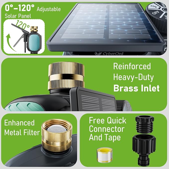 2 Zone Solar Water Timer, Hose Timer with Solar Charging, Sprinkler Timers for Garden Hose with Auto/Manual/Rain Delay Modes, Digital Drip Irrigation System for Lawn/Patio/Garden