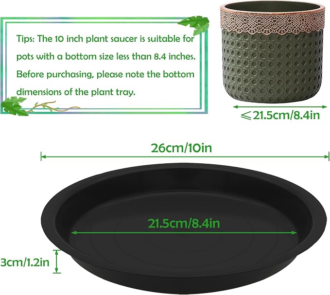 6 Pack 10 Inch Round Plant Saucers for Less 8 Inch Pot Indoors Outdoors Plant Trays for Pots Planter Saucer Plastic Drip Tray Planter Water Tray(Black, 10"(6pcs))