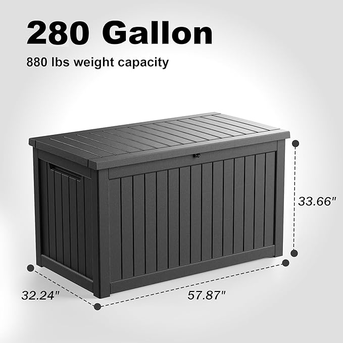 PatioZen 280 Gallon Resin Deck Box, Lockable Weatherproof Outdoor Storage Box for Furniture, Garden Tools and Tools Storage, Waterproof Outside Storage Boxes - Black