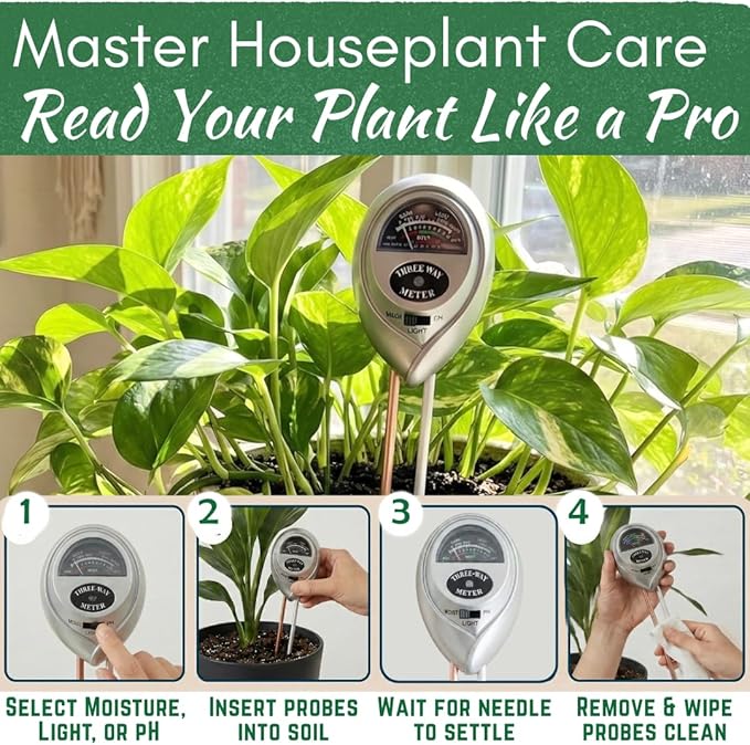 Houseplant Health Meter – 3-in-1 Tool to Prevent Overwatering, Root Rot & Leaf Burn | Test Soil Moisture, Sunlight & pH | Simple, Easy, Battery-Free | Suitable for Indoor, Outdoor & Potted Plants