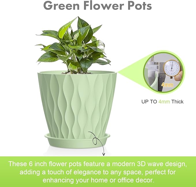 Meowell 6 inch Plant Pots, 5 Set Water Ripples Flower Pots for Indoor Outdoor Plants, Plastic Planters with Drainage Holes and Saucers, Nursery Pots for Small Succulent Garden House Plants, Green