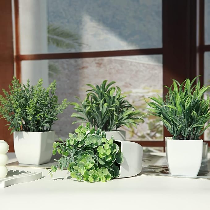 GREENTIME 4 Pack Fake Plants in White Pot Small Artificial Eucalyptus Potted Plant Wheat Grass Mini Faux Greenery for Home Decor Indoor Office Table Room Farmhouse Bathroom Decorations