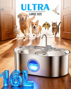 4.2Gal Dog Water Fountain for Large Dogs, 16L Stainless Steel Dog Fountain Water Bowl with Multi-Filtration & Deeper Drinking Tray, Extra Large Pet Water Fountain with Water Window & LED, Ultra-Quiet