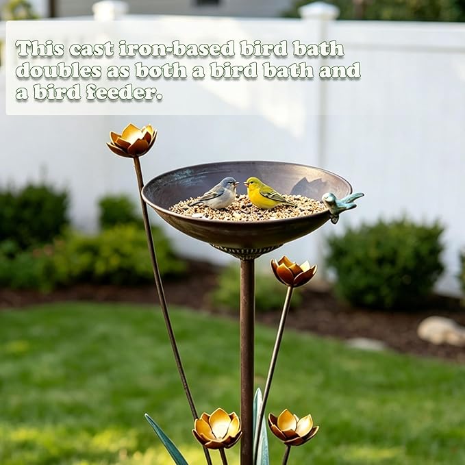 HOUYANG Diam 11.4" W x 32.3" H Cast Iron Pedestal Bird Bath, Bird Baths for Outdoors,Vintage Metal Bird Bath Garden Yard Decoration