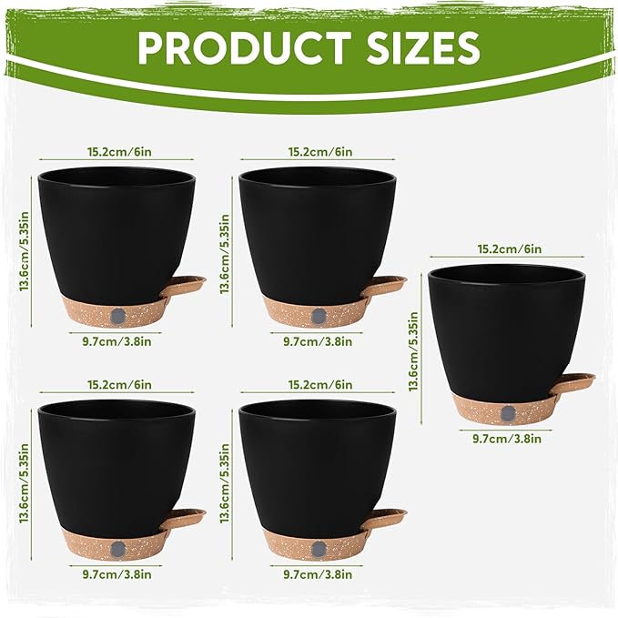 5 Pack 6 Inch Self Watering Planters for Indoor Plants, Automatic Watering Pots for Busy Plant Parents & Vacation, Decorative Modern Flower Pots with Drainage & Saucers (Black, 6 inch)