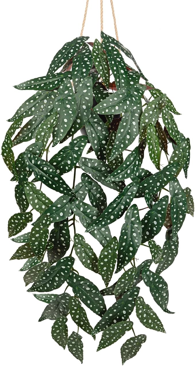 Large Fake Hanging Plants in Pot with Hook, 37" Artificial Hanging Begonia Vines Plants, Fake Potted Tropical Plants for Room Wall Living Room Bathroom Kitchen, Big Faux Ivy Houseplants for Shelf