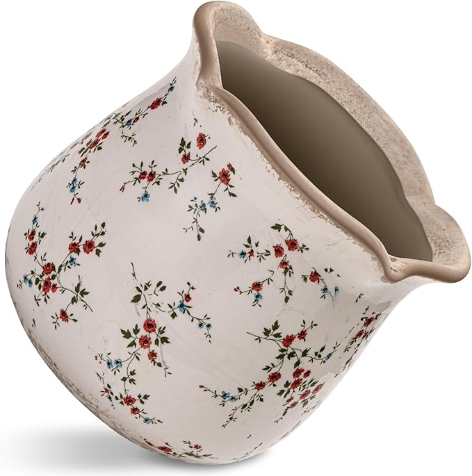 Vintage Ceramic Planter Pot with Drainage Holes, Green Floral Design, 6.11 Inch, Distressed Tuscan Style, Indoor Plant Pot and Vase (Small Red Blooms)