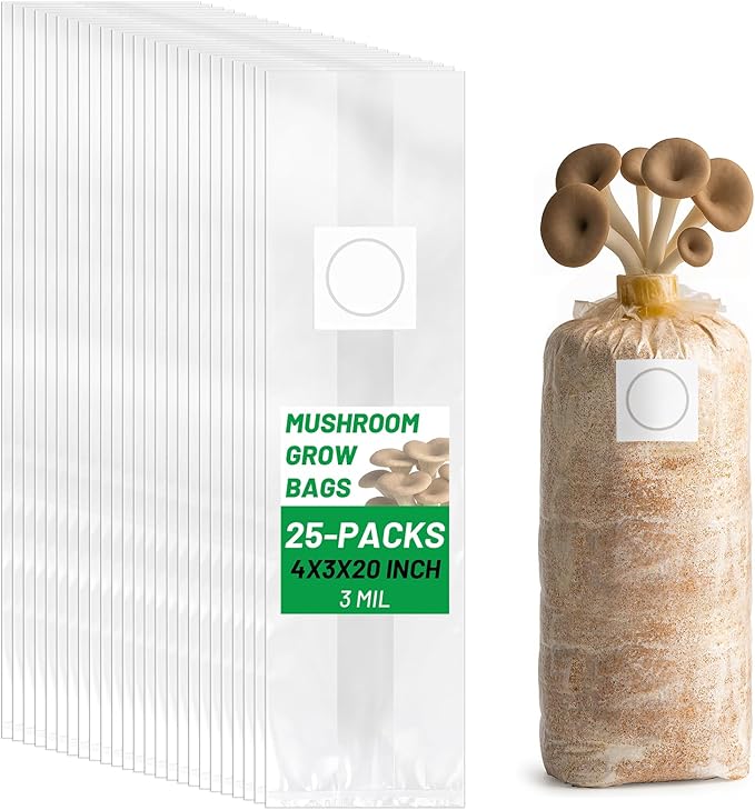 GREANER Mushroom Spawn Bag, 3 Mil Spawn Bag with Microporous Filter Patchs, Mushroom Growing Kit for Substrates, Grains, Plant, Bamboo(4"x3"x20")