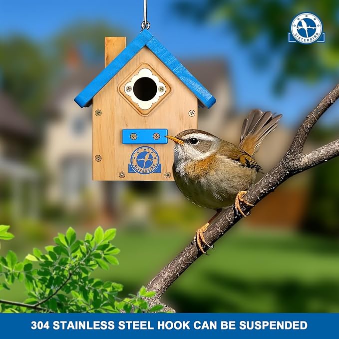 SISTERBIRD Wren Bird House for Outside, Premium Wooden Wren Bird Houses, Hanging Chickadee Bird House, Weatherproof Garden Decor Birdhouses for Outdoors, Blue Color Roof Bird Nesting Titmouse