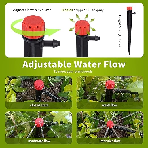 100 pcs Drip Emitters for 1/4" Drip Irrigation Tubing, Adjustable 360 Degree Water Flow Drippers for Drip Irrigation on 5" Arrow Stake for Garden Watering System Flower Plant