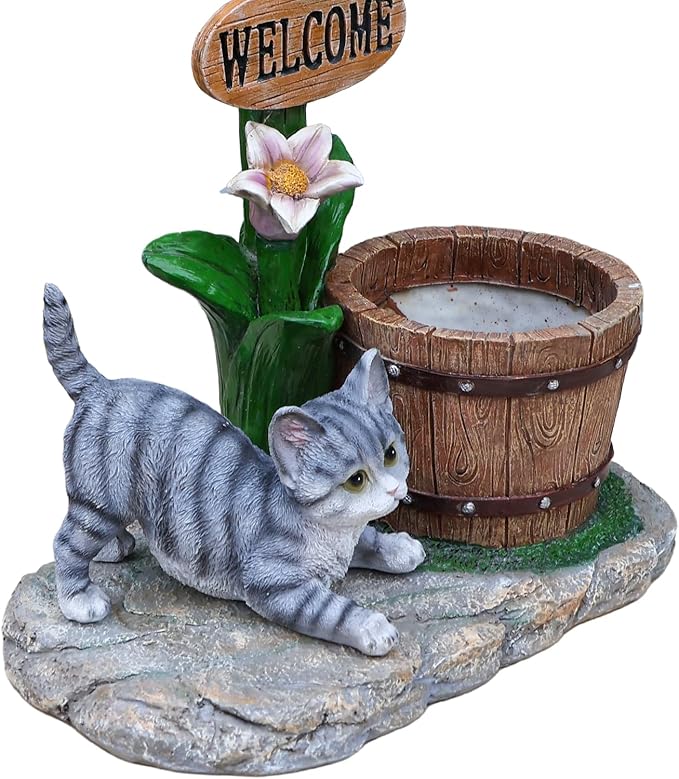 Animal Outdoor Statue Planter Solar Light Welcome Garden Sculpture Resin Flower Pot Decorative Porch Patio Yard Lawn Entryway Figurine with LED Lamp Rustic Plant Holder Ornament Courtyard (F)