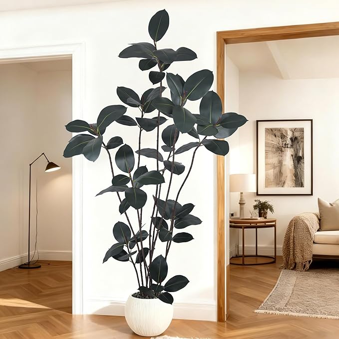 Artificial Rubber Tree 7.2FT(86in) Tall Faux Trees with Realistic Leaves, Fake Rubber Floor Potted Artificial Plants for Home Office Living Room Indoor Outdoor Decor (7.2feet,1Pack)