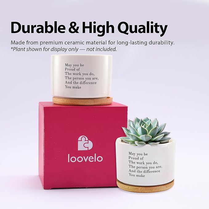 May You Be Proud of The Work You Do Inspirational Gift Ceramic Succulent Plant Pot with Tray Coworker Leaving Motivational Gifts Home Decor Plant Lover 3.5 Inch White (No Plants) (with Bamboo Tray)