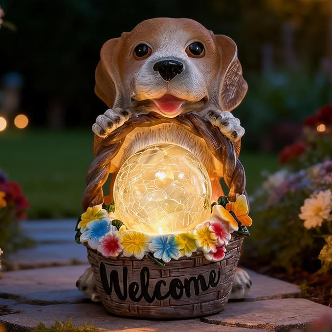 Solar Dog Garden Statues Decor with Flower Waterproof Figurine Resin Sculpture Gift for Mom Grandma, Outdoor Decorations for Porch Patio Lawn Yard Home House Gardening Birthday Housewarming (Dog)