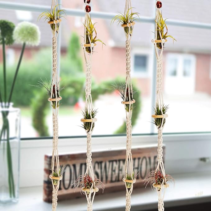 Shappy 4 Pieces Air Plants Holders Hanger Air Plant Wall Hanger Handmade Rope Hanging Plant Holder Woven with 4 Hooks for Home Decoration
