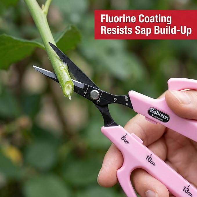 Saboten Fluorine Coated Angled Blade Trimming Scissors Pink PT-2 160mm Precision Gardening Bonsai and Floral Shears Made in Japan