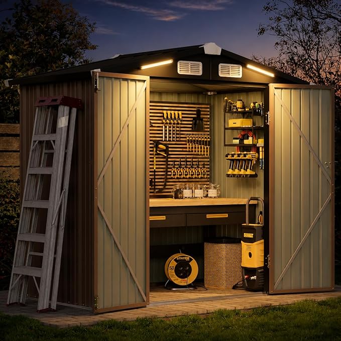 Aoxun 6' x 4' Outdoor Shed with 2 Pack Motion Sensor Light Garden Metal Storage Shed with 4 Vents, Lockable Doors for Patio, Lawn & Garden, Brown