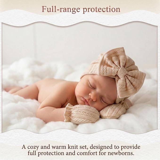 Newborn Baby Girl Hats Mittens Set Cotton Hospital Bow Hat Beanies Caps Gloves for New Born Girls 0-6 Months