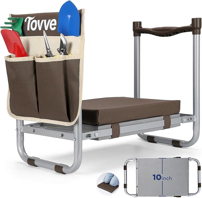 Tovve Foldable Garden Kneeler and Seat, Heavy Duty Garden Stool with 10" Wide Detachable Kneeling Pad, Portable Garden Bench Chair with Large Garden Tool Bag, Gardening Gifts for Women, Seniors, Mom