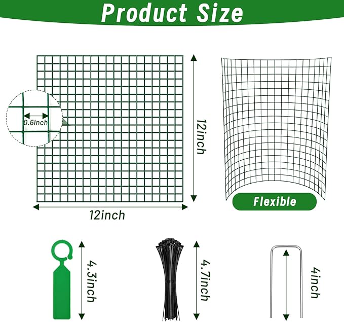 Plant Protectors from Animals - DIY Reusable Plant Cages for Outdoor Plants, Square Mesh Plant Covers Kits, 12"x12" Panels (6/18/30 Pcs) (6, Dark Green)