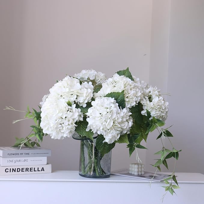 Buart 4PCS Long Stem Big Size White Flowers Artificial Silk Hydrangea Lifelike Flowers Real Touch White Artificial Flowers Wedding Shower Bride Bouquets Office Living Room Table Decorations (21 Inch)