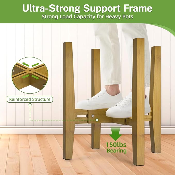 iDavosic.ly Adjustable Plant Pot Stand 2 Pack Indoor Outdoor, Mid Century Modern Bamboo Short Single Flower Holder Fits 8 to 12 Inch Large Heavy Duty Planter (Not Included) | Brown