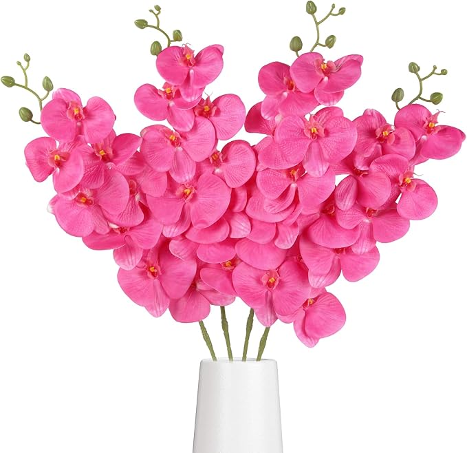 4PCS Faux Orchid Artificial Flowers, 35inch Long Stem Phalaenopsis Branches，Hot Pink Fake Orchid Flowers for Tall Vase Home Wedding Party Decoration (Hot Pink)