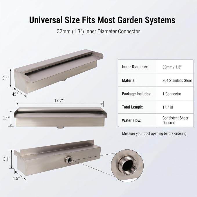 Stainless Steel Pool Fountain Waterfall Sheer Descent, 17.7" Inches Spillway for Swimming Pool, Outdoor Garden Pond, Patio & Backyard Water Feature Decoration(17.7")