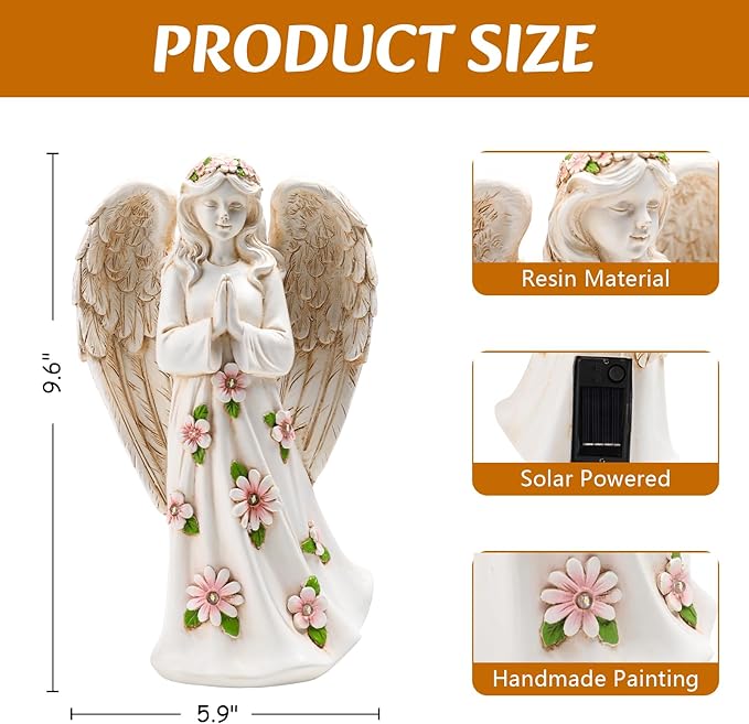 Angel Statue for Garden - 9.65 inches Guardian Solar Outdoor Statue, Praying Anel Statues Gardening Gifts Lawn Ornaments Figurines Outdoor Yard Decor for Mom, Grandma