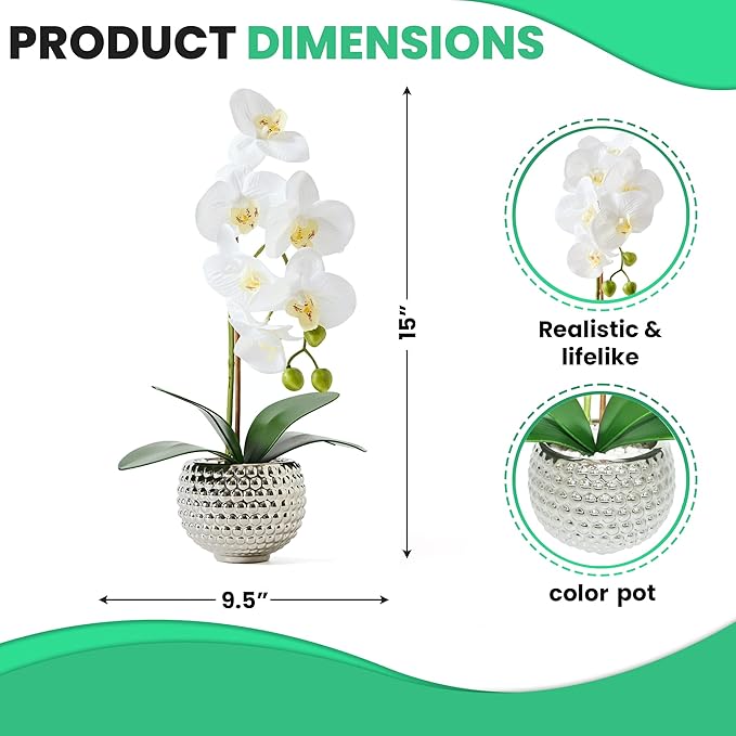 Fake Flowers with Vase, Large Orchids Artificial Flowers in Silver Pot Fake Orchid Fake Plant in Pots Artificial Flowers for Home Decor Indoor Table Centerpiece Bathroom Decoration