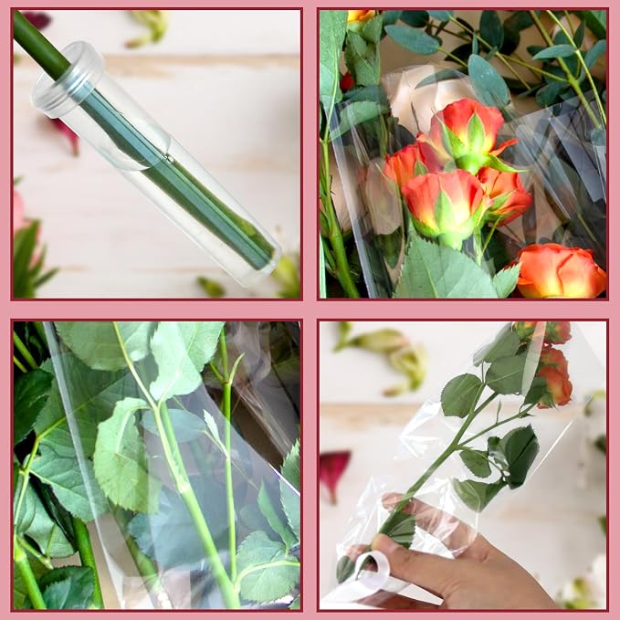 Bayurht 101 PCS Single Rose Sleeve Single with Ribbon and 50 Pcs Floral Water Tubes Flower Packaging Bags Single Flower Sleeve Flower Wrapping Bags for Bouquets Wrapping (White)