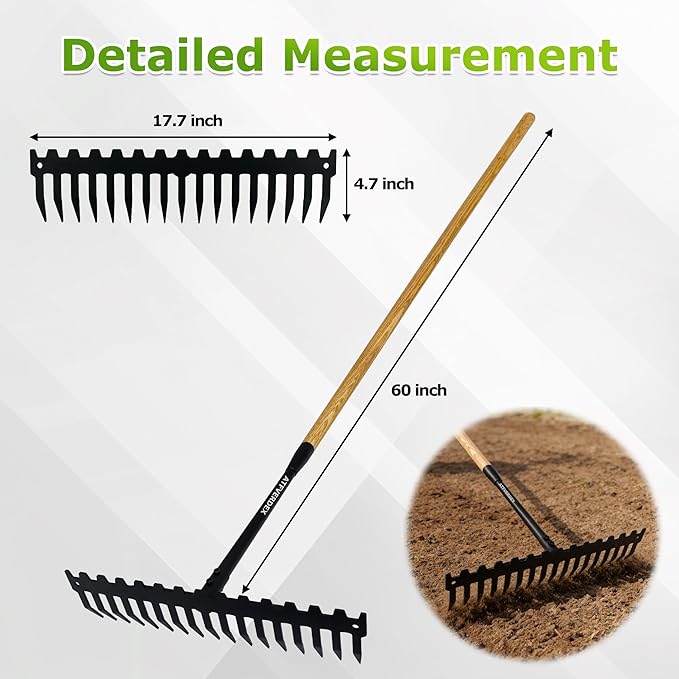 Garden Rake,60" Wooden Handle with 17-Tine Metal Bow Rake,Rock Rake Heavy Duty for Loosening Soil,Leveling Gravel,Clearing Fallen Leaves,Removing Sod and Landscaping