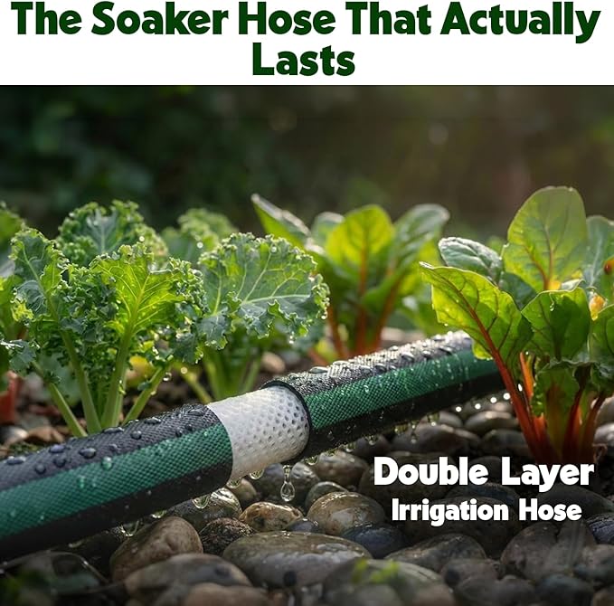 Flat Soaker Hose 25ft for Garden // Drip Hose for Garden Beds, Lawns and Trees // Heavy Duty Leakproof Design with Quick Connect // Linkable Irrigation System for Vegetables and Flowers