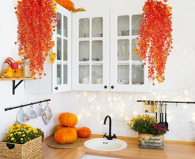 RECUTMS Artificial Hanging Plants Fall Faux Eucalyptus Leaf Fake Hanging Plants Fall Hanging Vines Artificial Flowers Faux Autumn Plants for Thanksgiving Indoor Outdoor House Wedding Party(Gold)