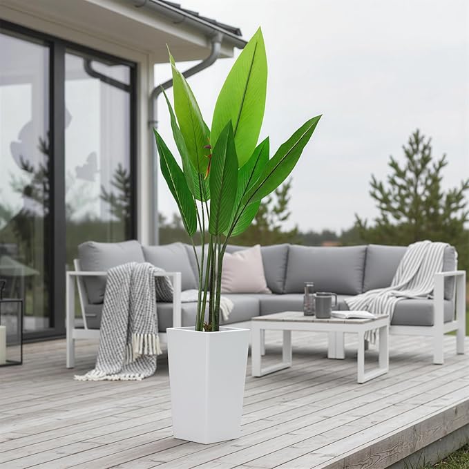 4.7FT Artificial Bird of Paradise Plant, Faux Banana Tree in White Tall Planter, Decorative Evergreen Tropical Floor Plant for Living Room, Entryway, Porch, Office