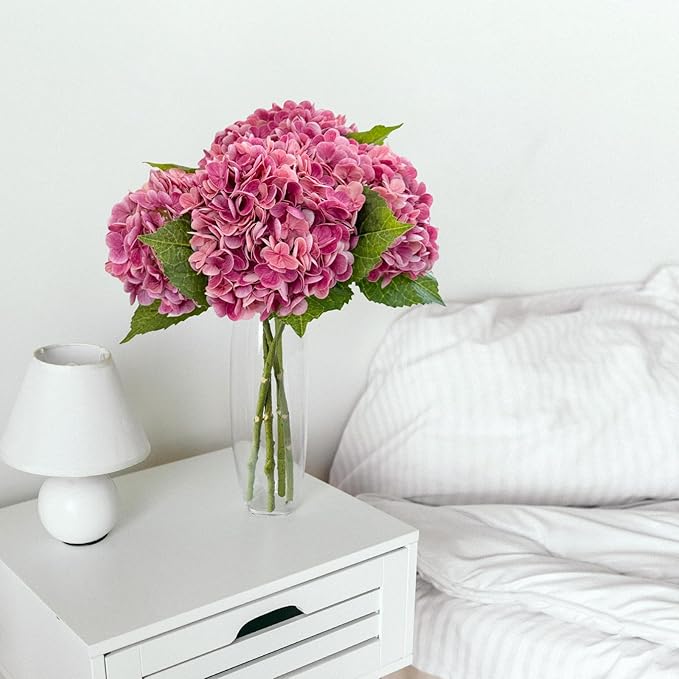 ZYTUYO 4 Pcs Real Touch Magenta Hydrangeas Artificial Flower 21 inches Realistic Faux Latex Hydrangeas Flower for Home Decor Kitchen Living Room Spring Table Wedding Xmas Arrangement