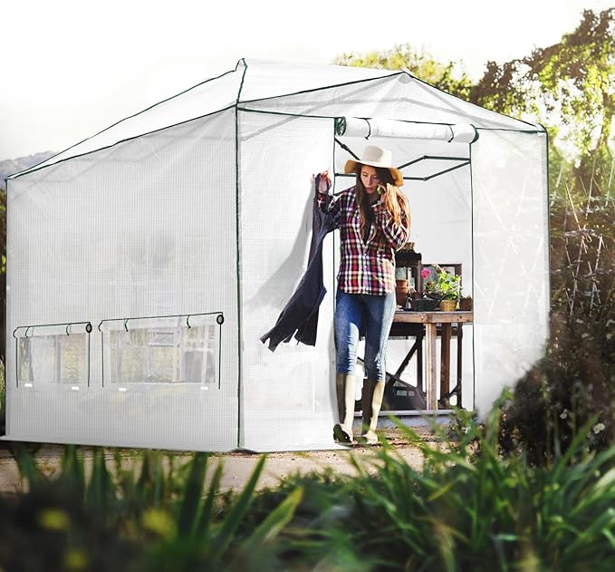 EAGLE PEAK 12x8 Portable Walk in Greenhouse, Pop Up Indoor Outdoor Greenhouse, Green House Kit with Zippered Roll-Up Doors, Windows + Support Pole, PE Cover, Clear/White