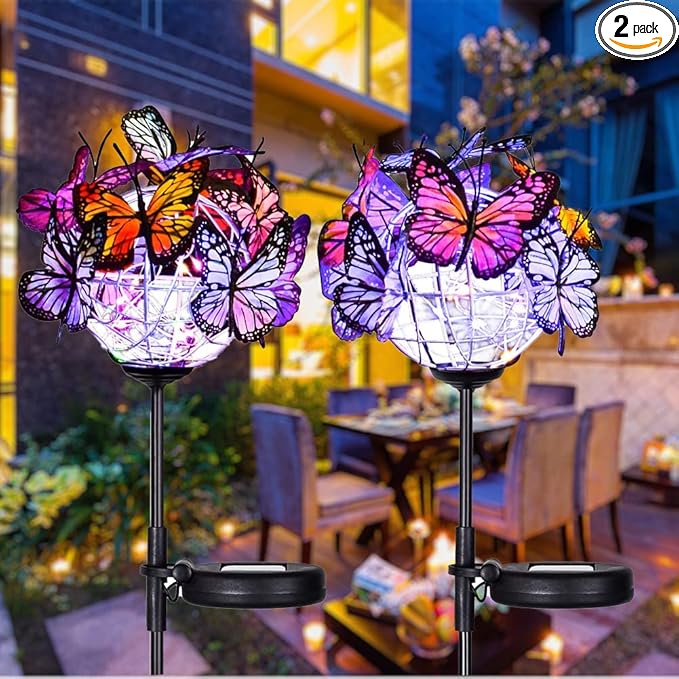 Weepong Outdoor Solar Lights 2 Pack, Solar Garden Lights with 18 Butterflies Decoration Outdoor Lamps, Waterproof Butterfly Flower Lights for Patio Yard Lawn Garden Decor, Gifts for Mom Women