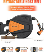 Ayleid Retractable Garden Hose Reel,1/2 in x 130 ft Wall Mounted Hose Reel, with 9- Function Sprayer Nozzle, Any Length Lock/Slow Return System/Wall Mounted/180°Swivel Bracket (Black)