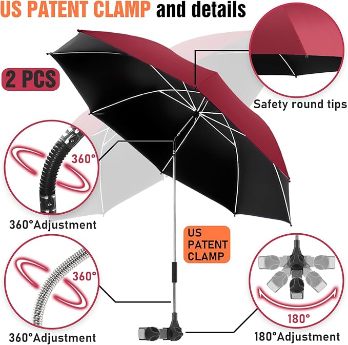 2 PACK Beach Umbrella with Clamp, 360 ° Adjustable Umbrellas for Chair, UPF50+ Umbrella for Beach Chair, Patio Chair, Wheelchair, Camping Chair, Golf Carts (Chair Not Included)
