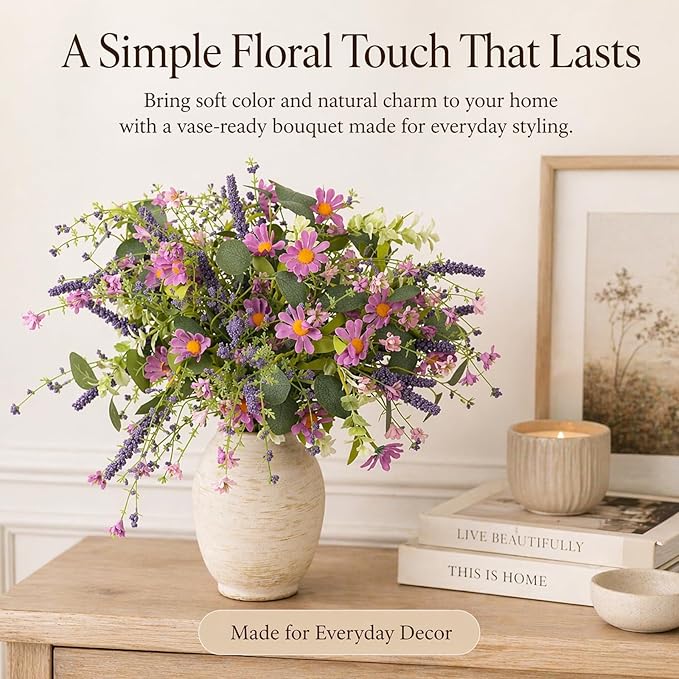20" Artificial Flowers Bouquet for Vase Indoor, 6 stem Faux Silk Daisies Lavender Silver Dollar Eucalyptus Leaves Wildflower Floral Arrangement Home Decor for Living Room Dining Table Entryway