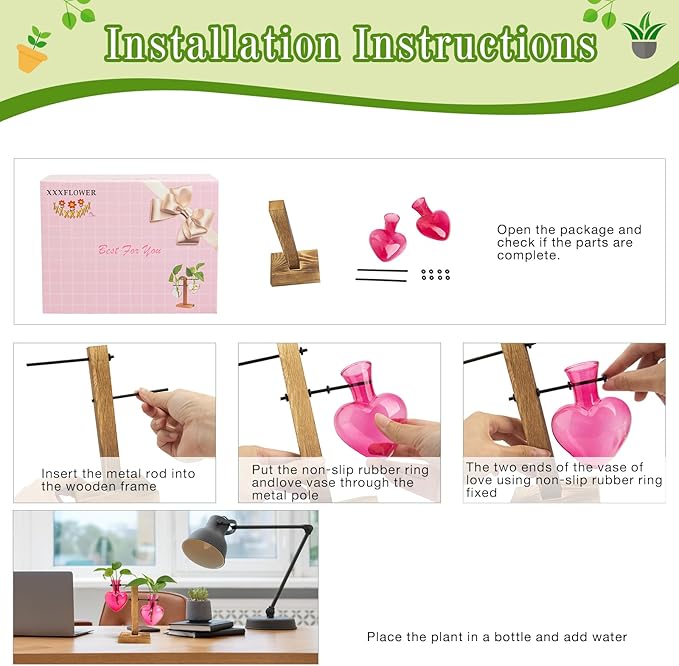 XXXFLOWER Plant Terrarium Propagation Station, Gifts for Mom Daughter Wife Plant Lover, Hydroponic Planter Bulb for Home Office Garden Decoration - 2 Pink Love Bulb Vase with Wooden Stand