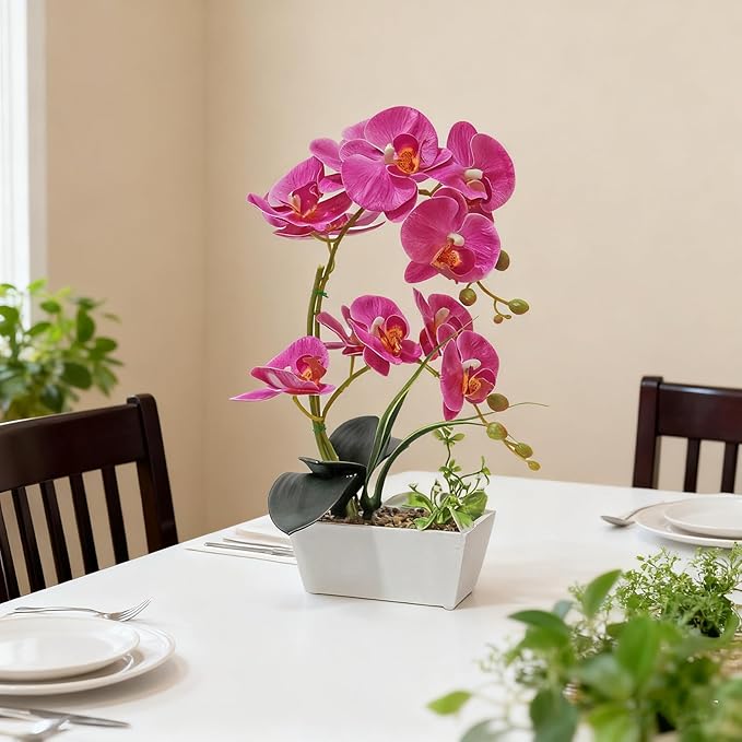 Purple Orchid Artificial Flowers Indoor Large Faux Orchids in Pot Phalaenopsis Flowers Arrangement Fake Flowers Dining Table Decor Centerpiece Bathroom Plants Home Decoration