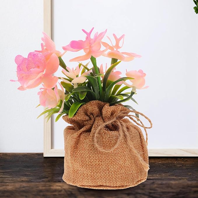 KALLORY Artificial Phalaenopsis Orchid Potted Plant Faux Bonsai with Jute Bag, Simulation Orchid Flower Home Tabletop Decor for Living Room and Office,