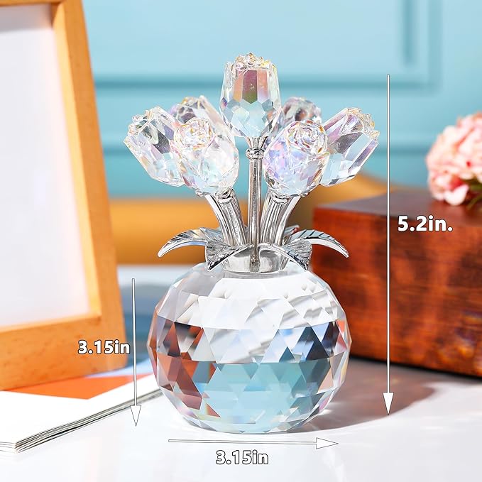 YWHL Handmade Crystal Clear Rose Flower Figurine with Round Vase, Romantic Rose Gifts for Women on Anniversary Birthday Christmas, Glass Rose for Mom Wife Grandma, Wedding Home Decorations