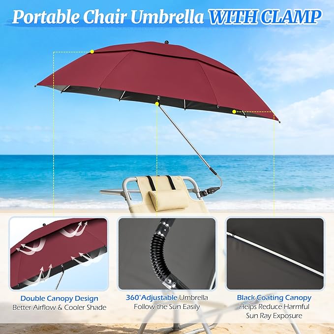 2 Pack 40.9'' Beach Chair Umbrella with 360° Adjustable Canopy & 270° Flexible Clamp, Double Canopy Sun Protection for Wheelchair, Patio, Golf Cart, Camping