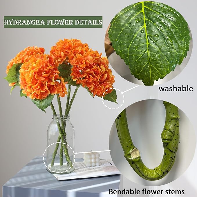 Buart 4PCS Long Stem Big Size Orange Flowers Artificial Silk Hydrangea Lifelike Flowers Real Touch Artificial Flowers Wedding Shower Bride Bouquets Office Living Room Table Decorations (21 Inch)