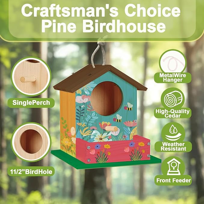 Bird House Kits for Kids Ages 4-8, Wooden DIY Birdhouse Kit, Outdoor Woodworking Crafts Freestyle Painting, Bird Houses for Outside with Paints & Brushes, Boy Girl Gift Christmas(1Pcs)