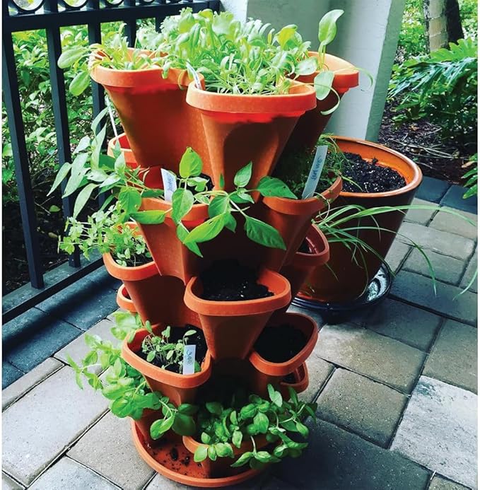 Vertical Garden Planter 4 Tier Stackable System 16 Plants, Space Saving Herb, Strawberry & Food Crop Planter with Center Support Hole for Indoor Outdoor Gardening (4, Terracotta, Small)